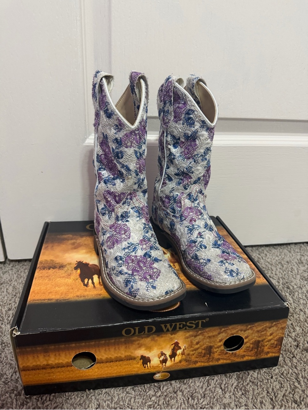 Old West Kids White Cowboy Boots with Purple & Blue Floral Embroidery
